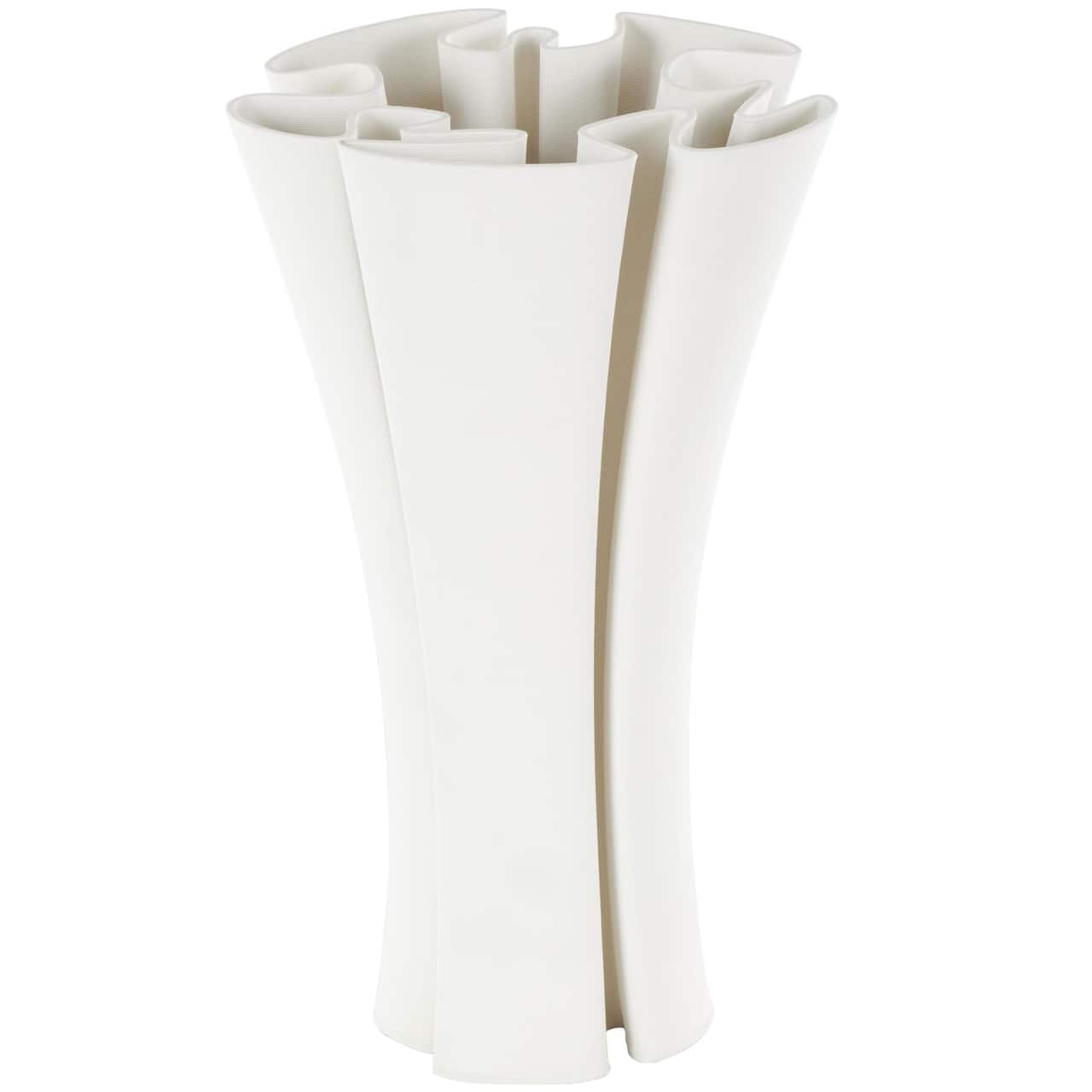 White Ceramic Abstract Ribbed Dimensional Folded Vase with Curvy Rim